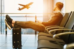man sitting on chair looking at plane